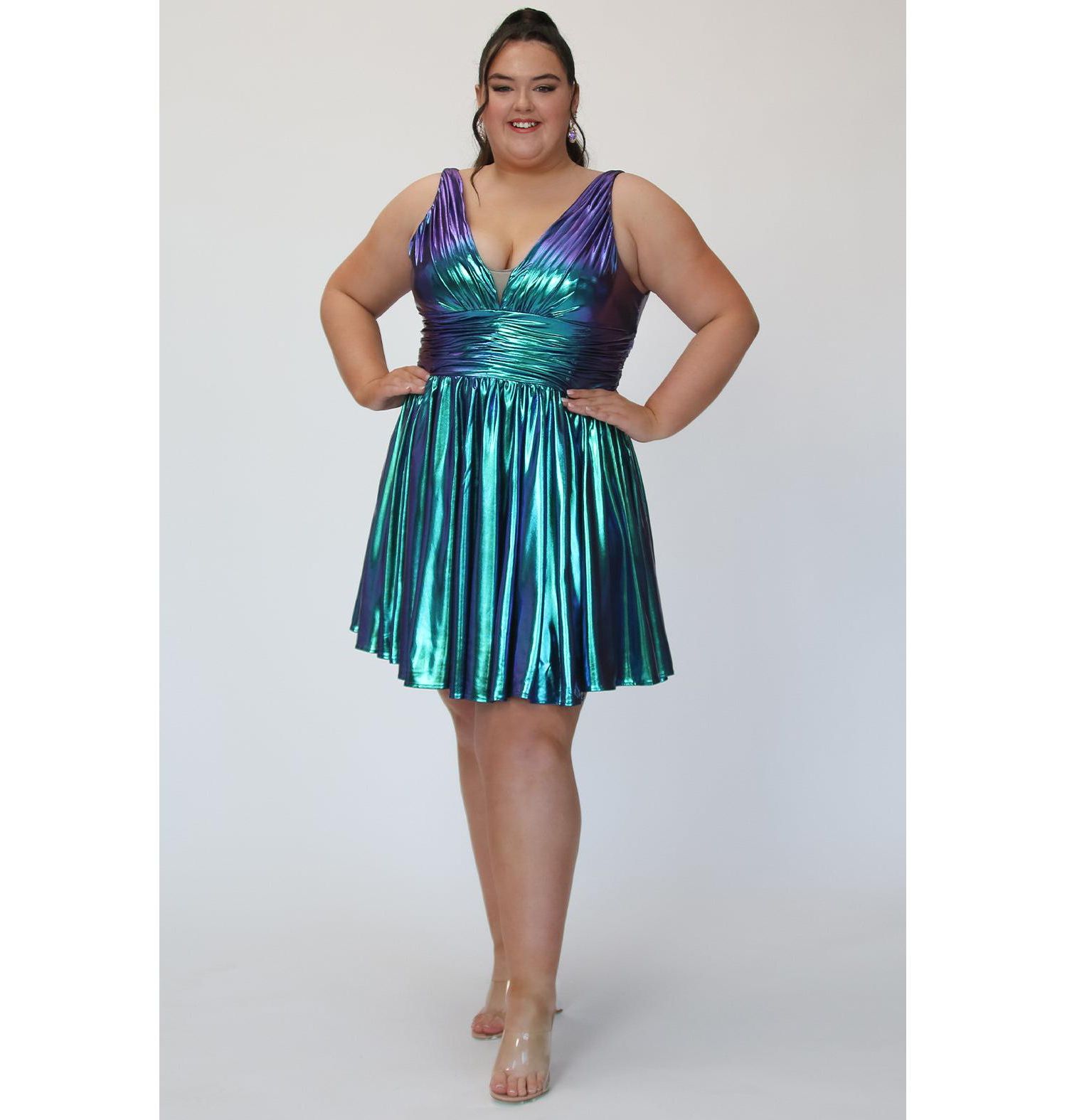 Plus Size Blue & Green Iridescent A-line Party Dress