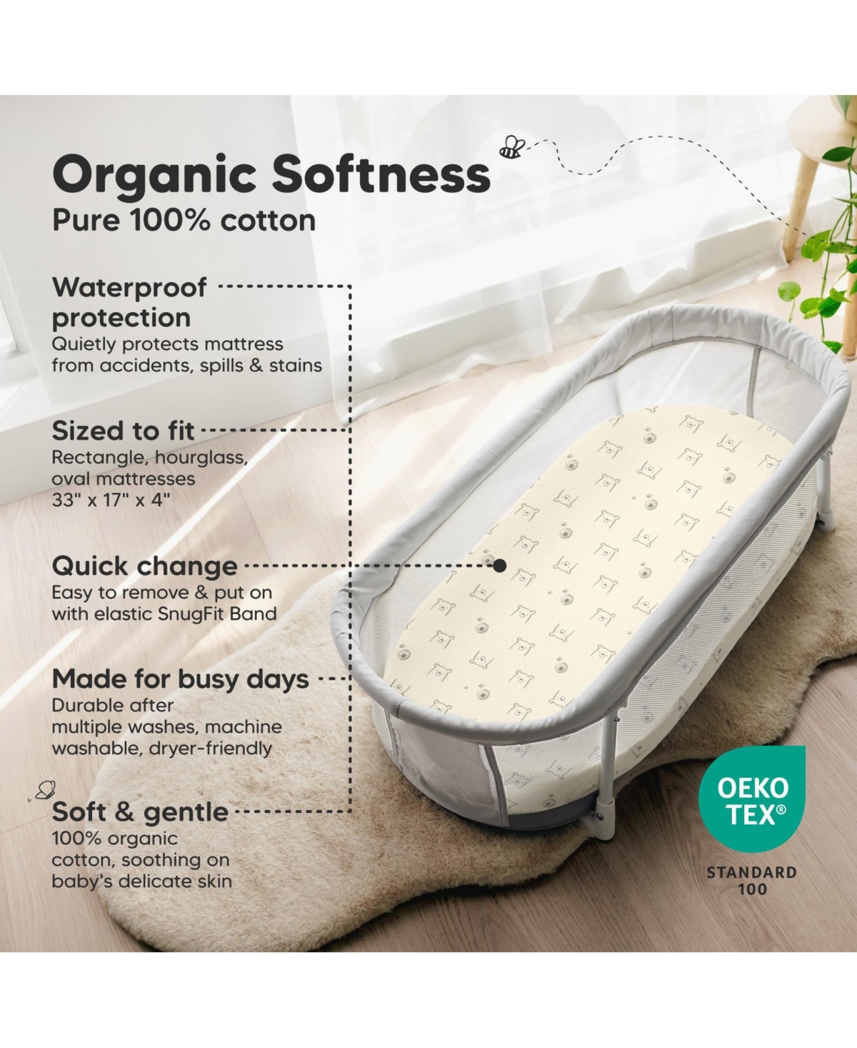 KeaBabies 2pk Soothe Waterproof Bassinet Sheets for Girls, Boys, 33x17 Universal Baby Mattress Protector Cover