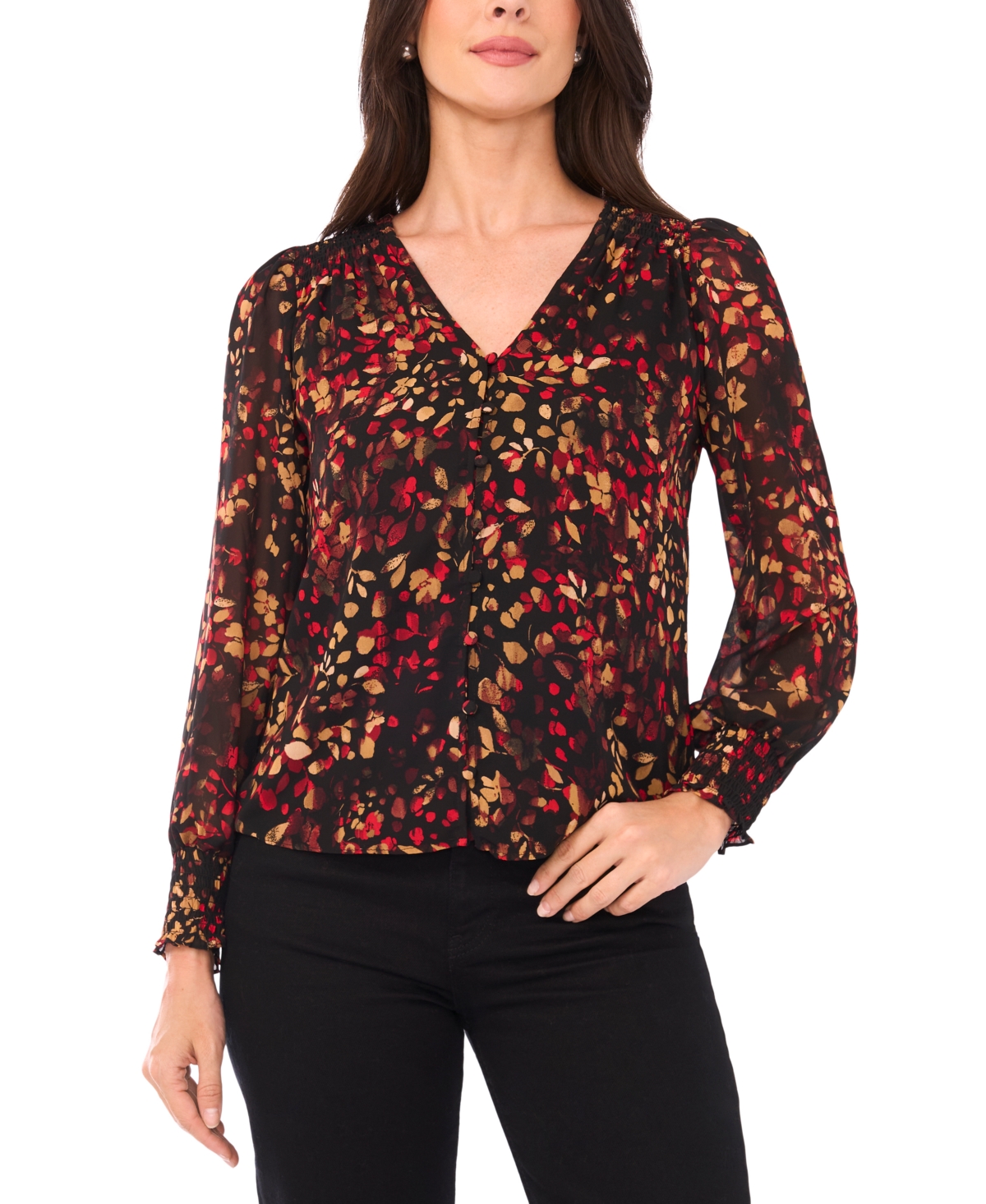 Sam & Jess Petite V-neck Smocked-shoulder Blouse In Brown