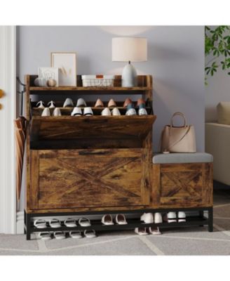 Shoe Cabinet with 2 Flip-Drawers &amp; Storage Bench, Farmhouse Wood Freestanding Shoe Rack with 2 Hooks &amp; Bottom Shelf for Entryway