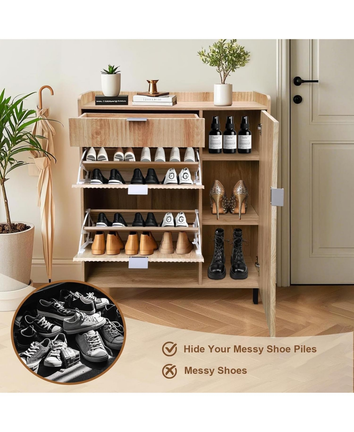 gaomon Shoe Storage Cabinet,Shoe Organizer with 2 Flip Drawers and 2 Drawers, Wavy Freestanding Narrow Shoe Rack Cabinet