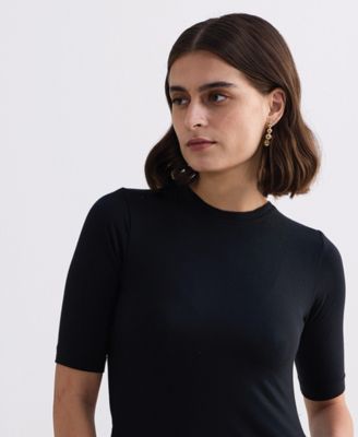 Women's High Crew Neck Elbow Sleeves Fitted Dress in Black