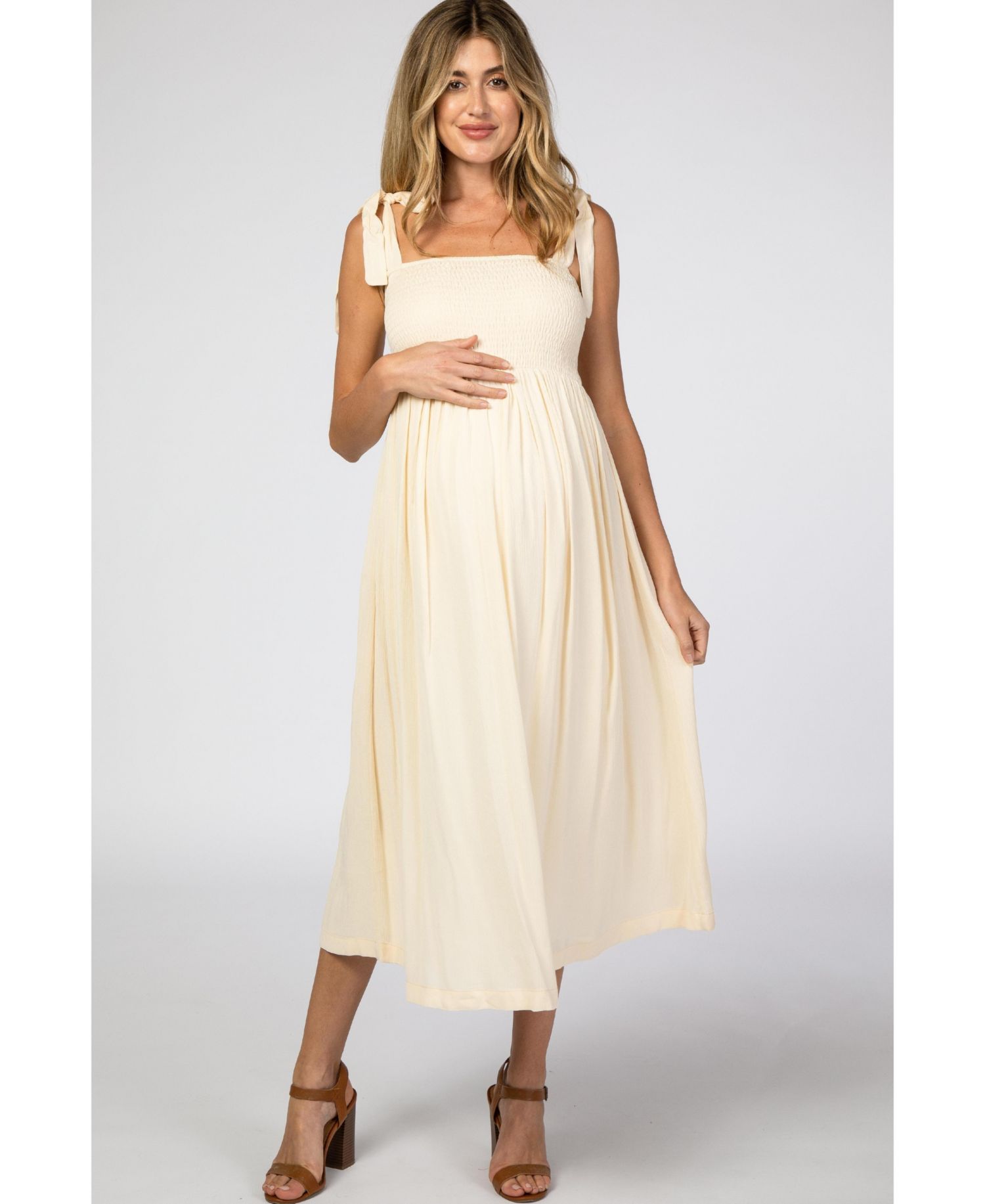 Women's Navy Blue Smocked Tie Strap Midi Dress