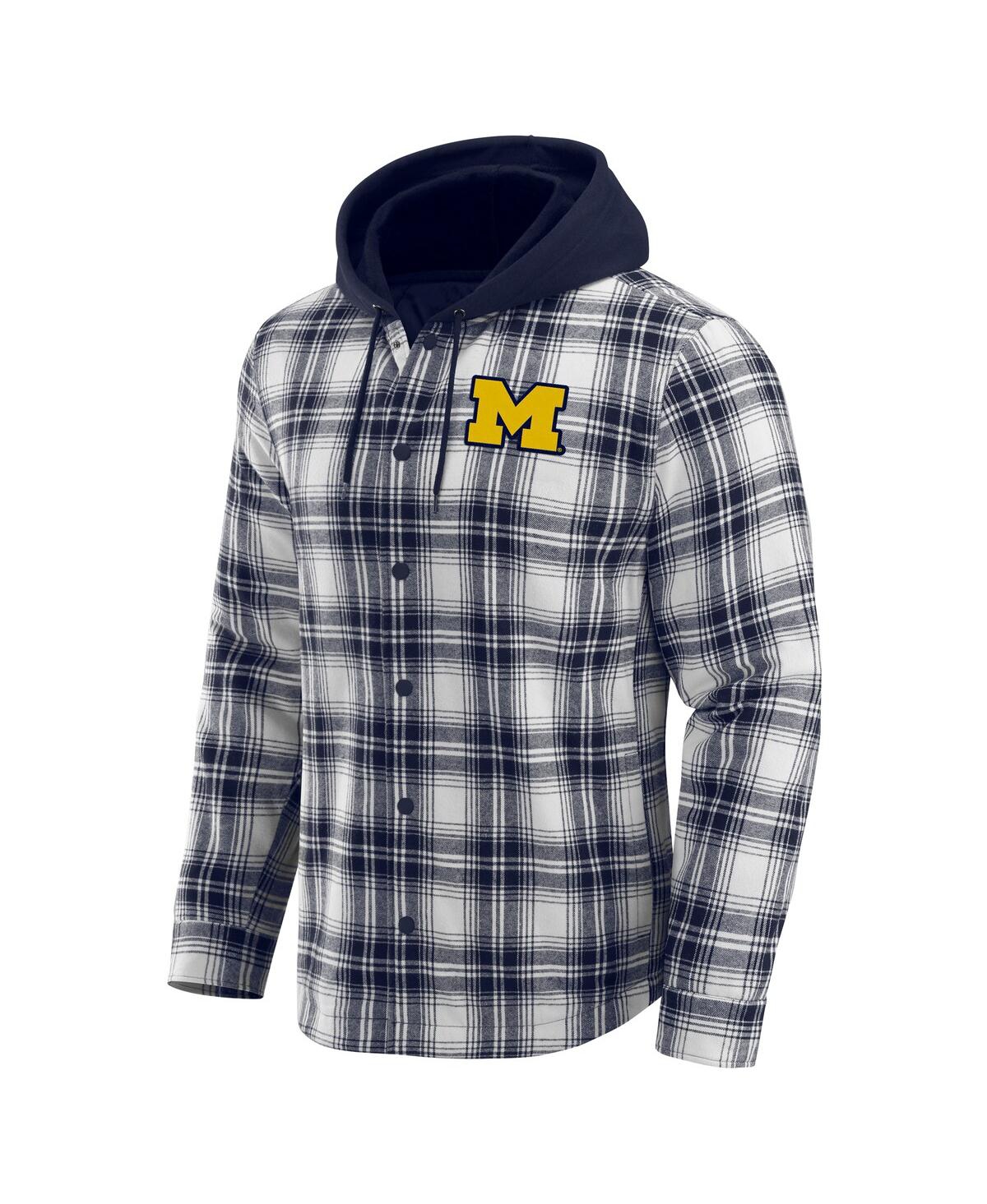 Fanatics Men's Navy Michigan Wolverines Plaid Flannel Quilted Full-snap Hooded Shacket In Blue