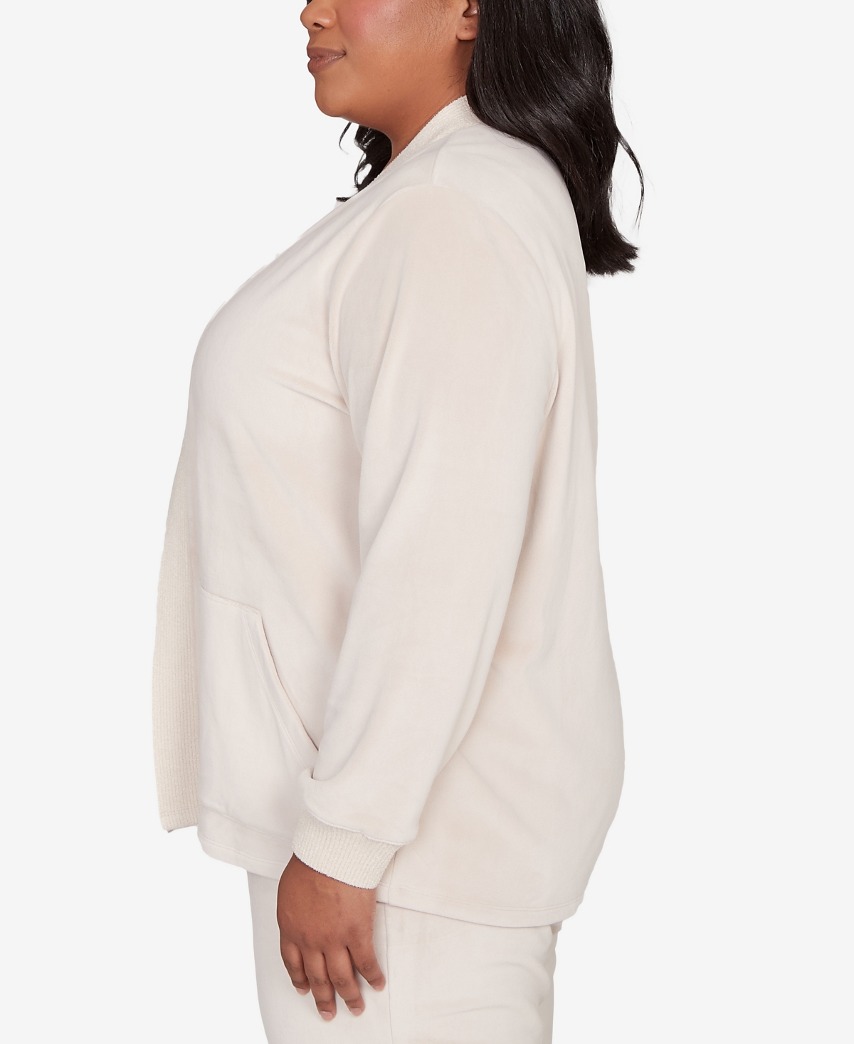 Alfred Dunner Plus Size Calm Luxe Open Front Rib Trim Cardigan In Neutral