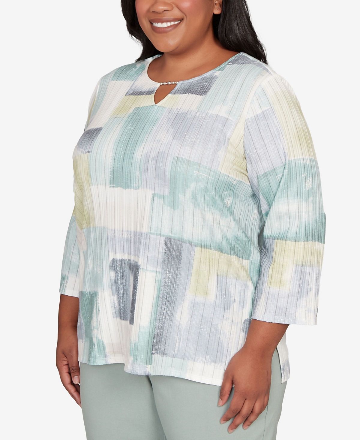 Alfred Dunner Plus Size Stockbridge Soft Colorblock Rib Texture Knit Top In Blue