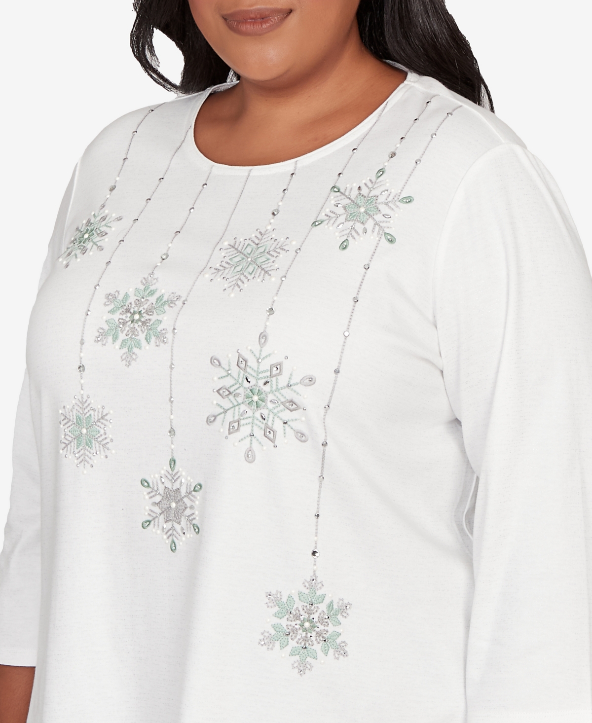 Alfred Dunner Plus Size Stockbridge Snowflake Crew Neck Top In White