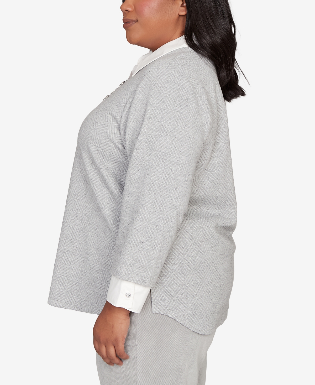Alfred Dunner Plus Size Stockbridge Diamond Jacquard Two In One Top With Necklace In Gray