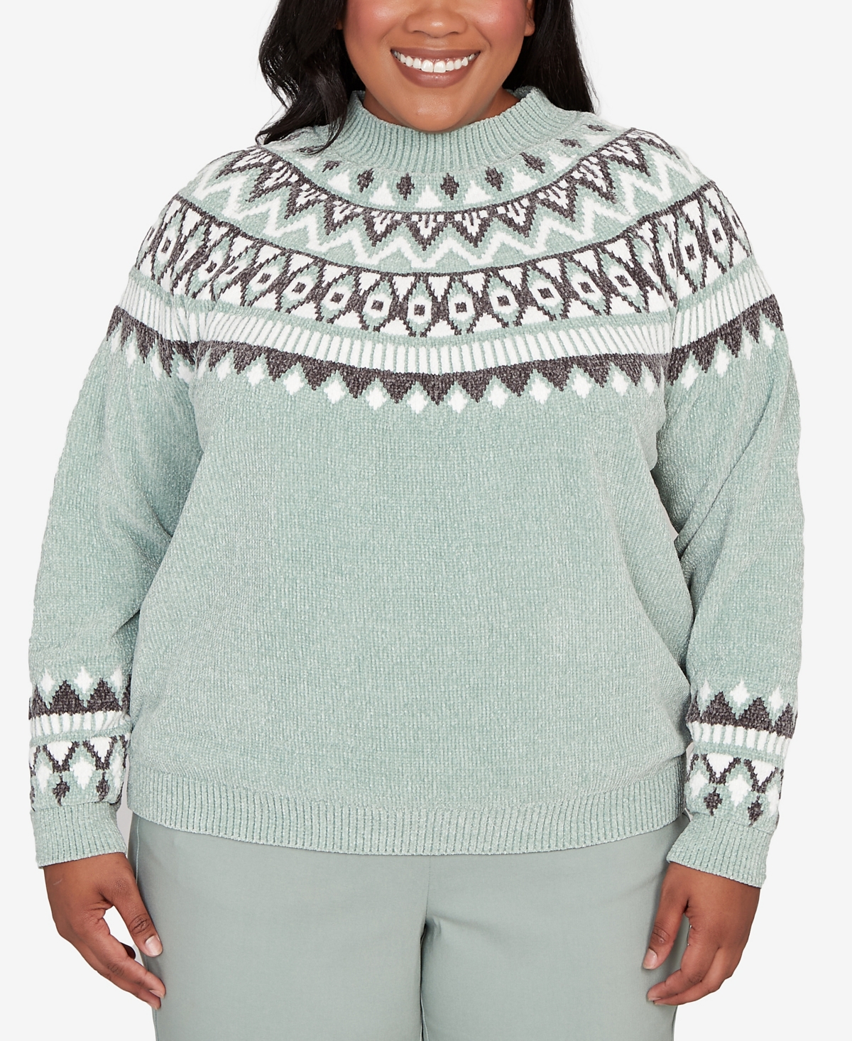 Alfred Dunner Plus Size Stockbridge Fair Isle Pattern Chenille Sweater In Green