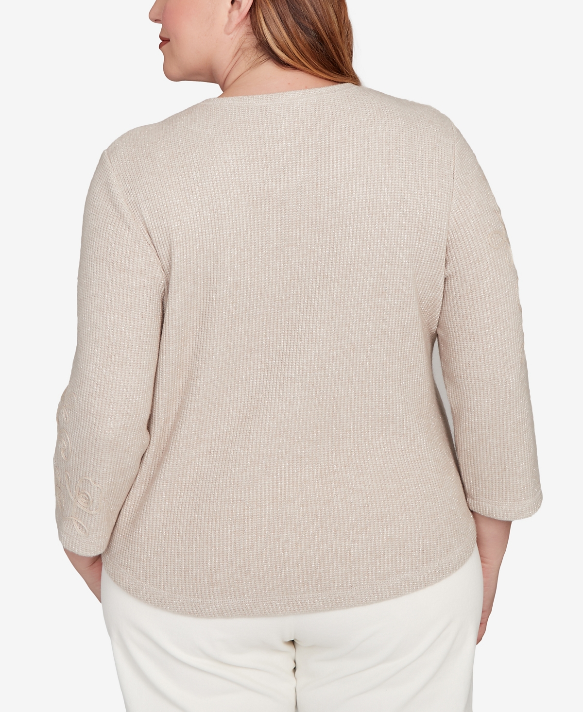Alfred Dunner Plus Size Vienna Asymmetrical Floral Soutache Knit Top In Brown