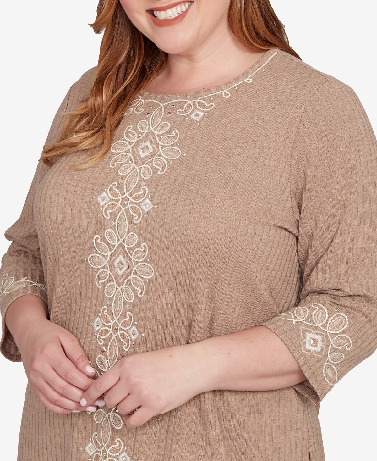 Alfred Dunner Plus Size Vienna Embroidered Medallion Center Knit Top In Brown