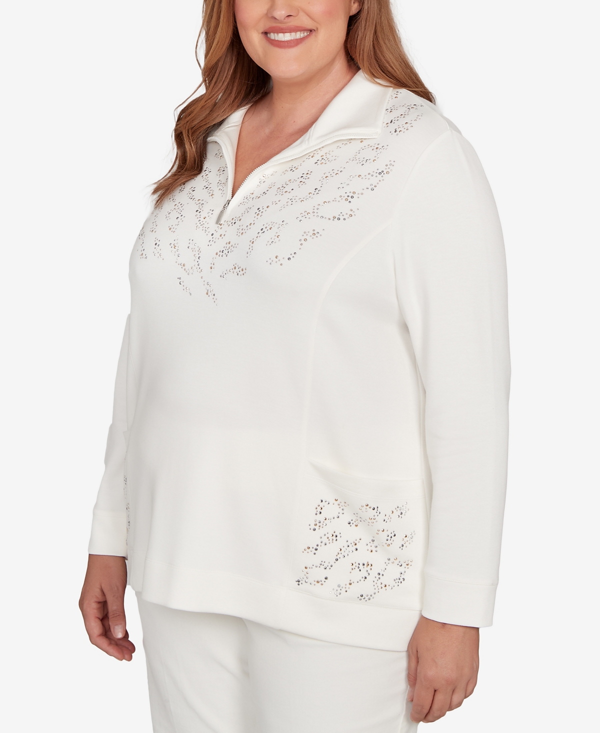 Alfred Dunner Plus Size Vienna Metallic Studded Animal Pattern Knit Top In White
