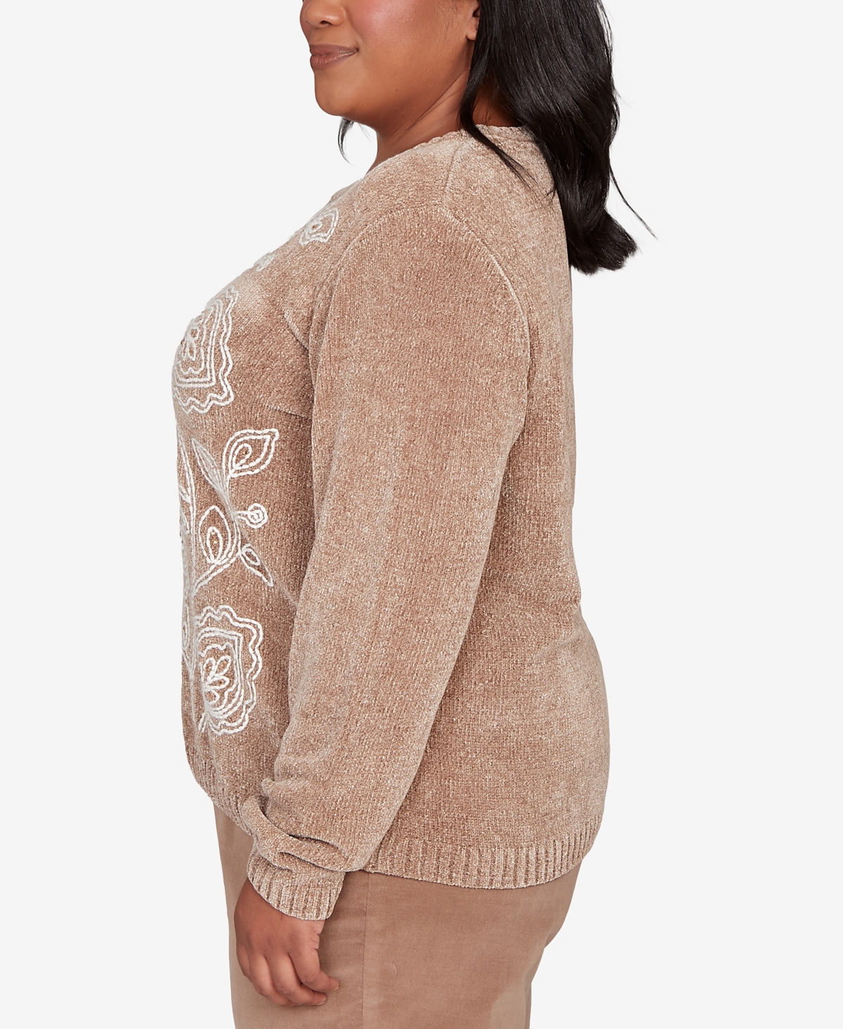 Alfred Dunner Plus Size Vienna Stitched Leaf Detail Chenille Sweater In Brown