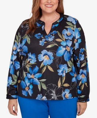 Plus Size Barcelona Watercolor Floral Velvet Trim Top