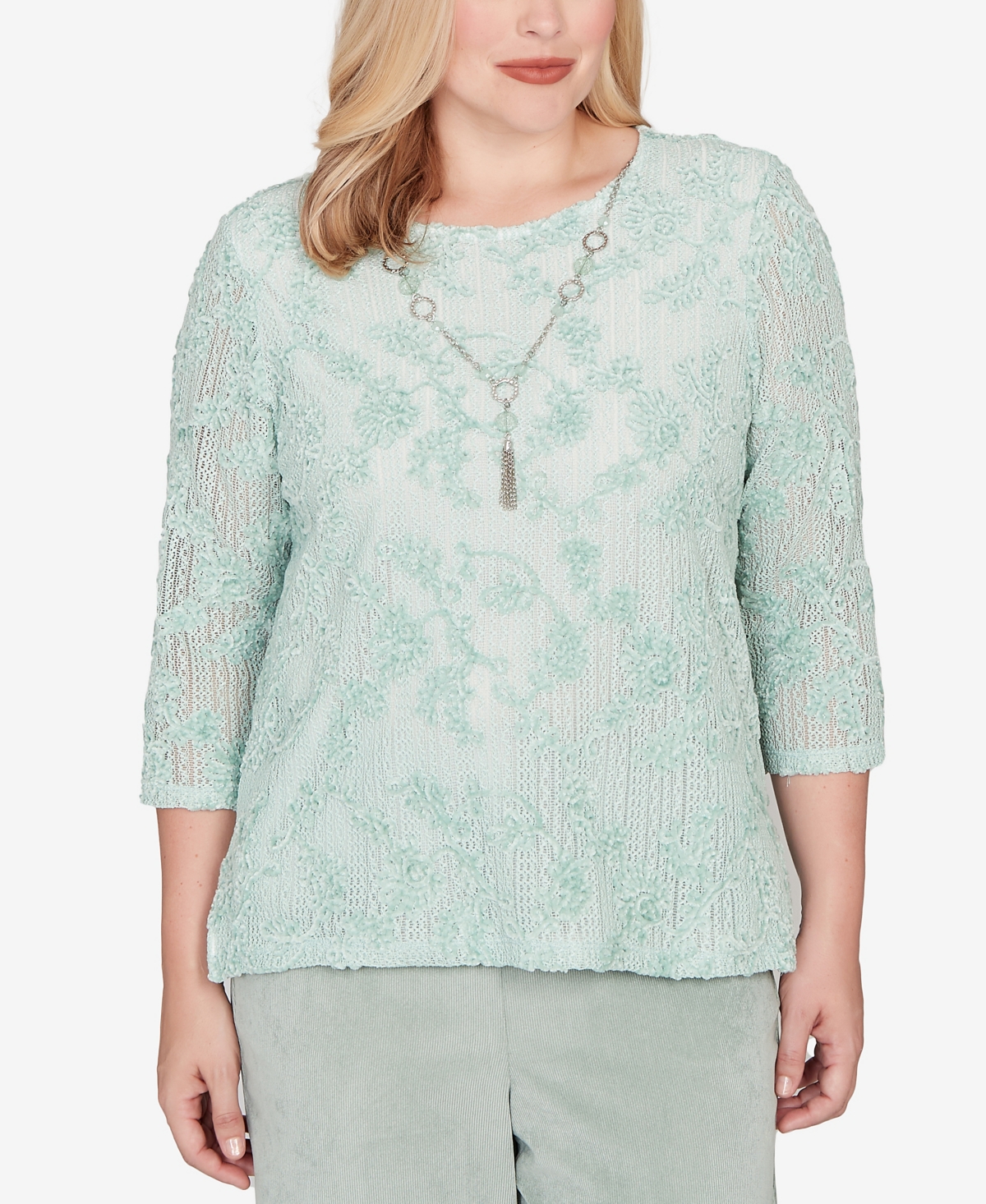 Alfred Dunner Plus Size Stockbridge Floral Velvet Soutache Mesh Top With Necklace In Green