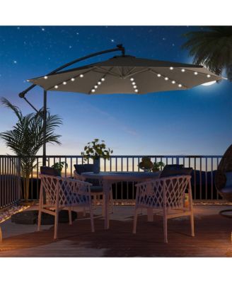 11FT Solar Offset Umbrella with 32 LED Lights Cantilever Hanging Outdoor Umbrellas Handy Crank & Cross Base for