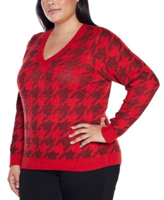 Plus Size  Stylized-Houndstooth V-Neck Sweater
