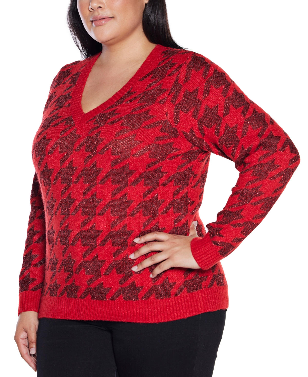 Belldini Plus Size Stylized-houndstooth V-neck Sweater In Red