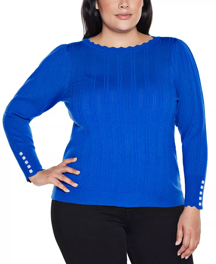 Plus Size Scalloped-Trim Boat Neck Sweater