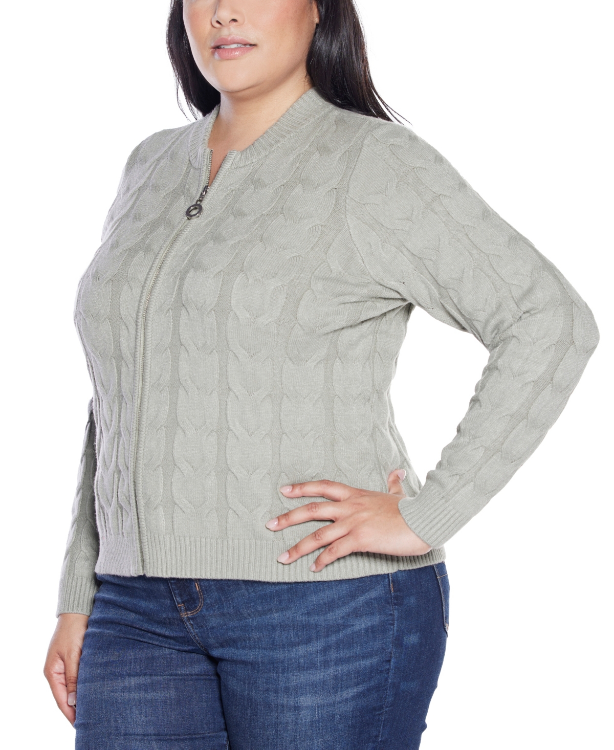 Belldini Plus Size Black Label Zip Cable Sweater In Gray