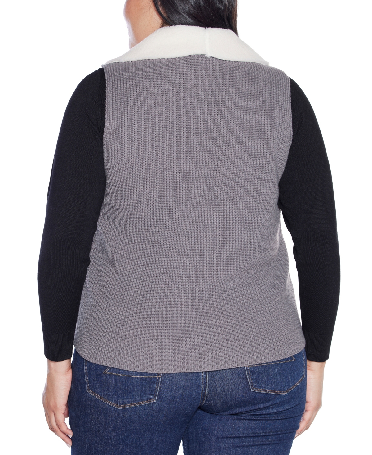 Belldini Plus Size Black Label Sherpa-trim Vest Sweater In Gray