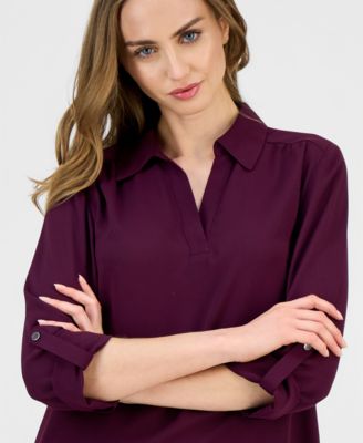 Petite Collared Roll-Tab-Sleeve Shirt