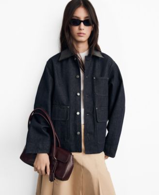 MANGO - Women's Leather-Effect Collar Denim Jacket