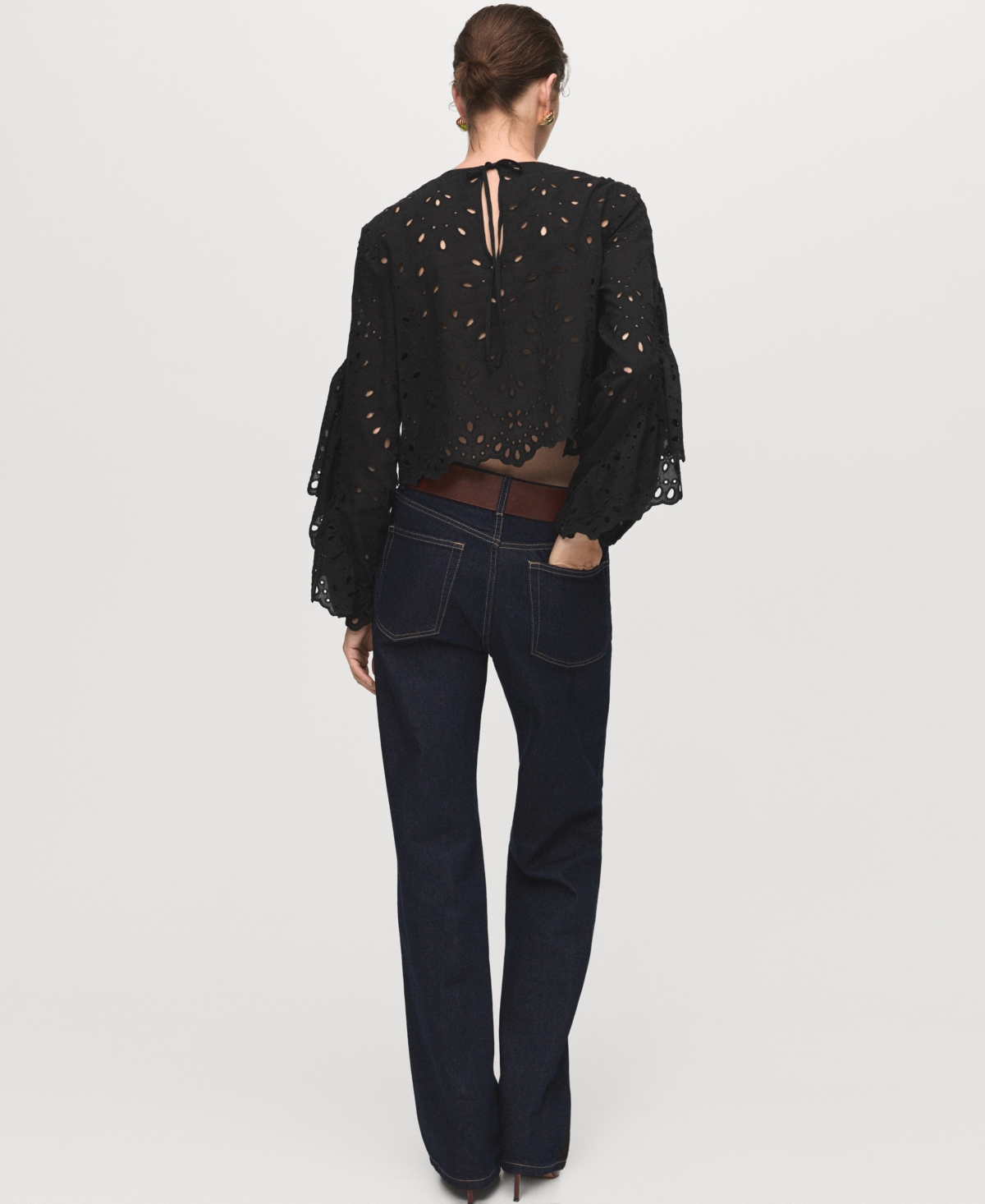 Mango Blouse With Perforated Embroidery And Ruffles Black In Black