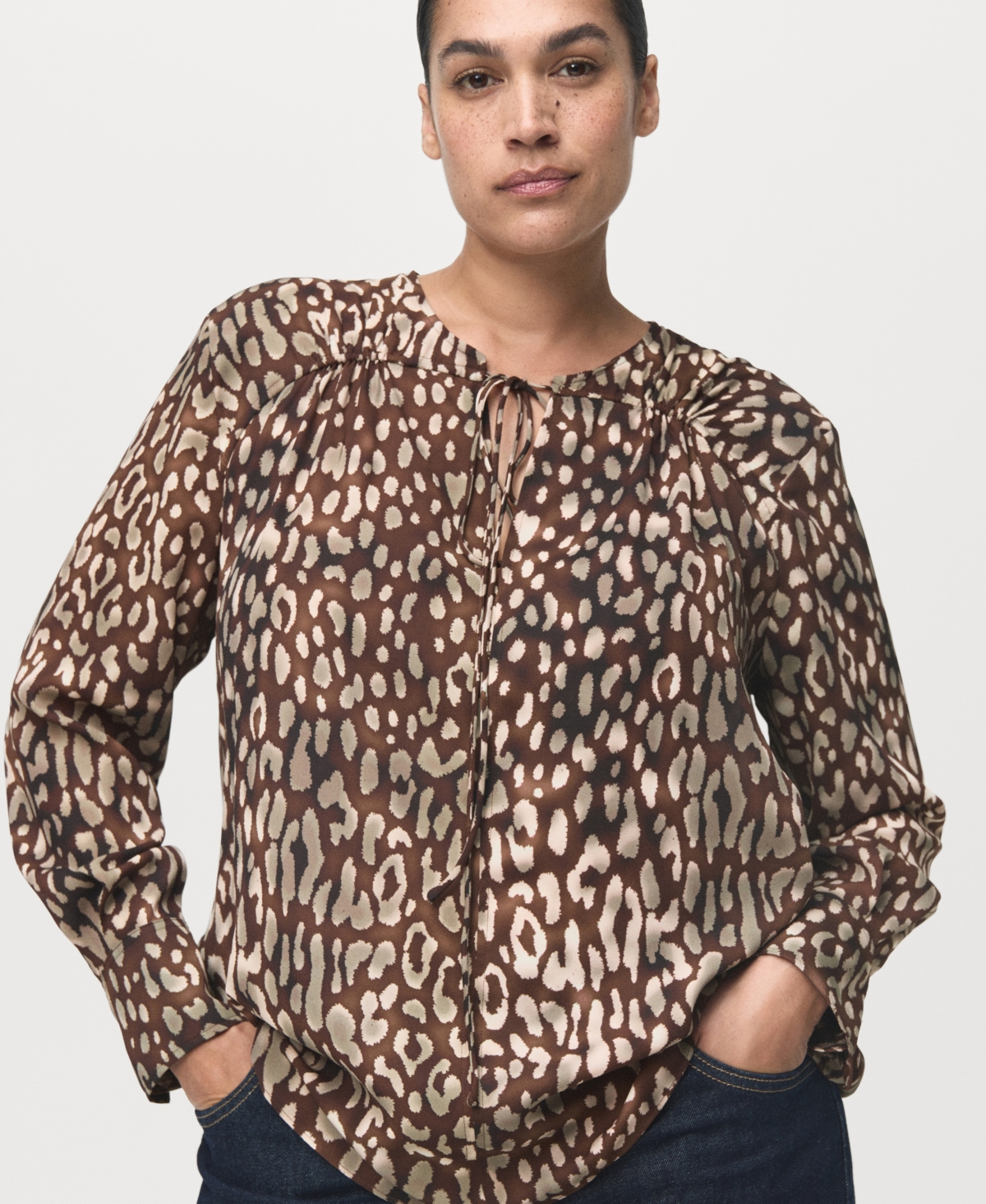Mango Women's Leopard Satin Tie Detail Blouse