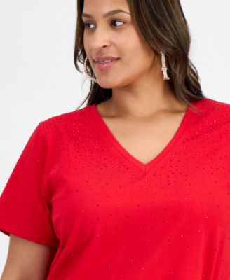 Plus Size V-Neck Rhinestone-Embellished Top