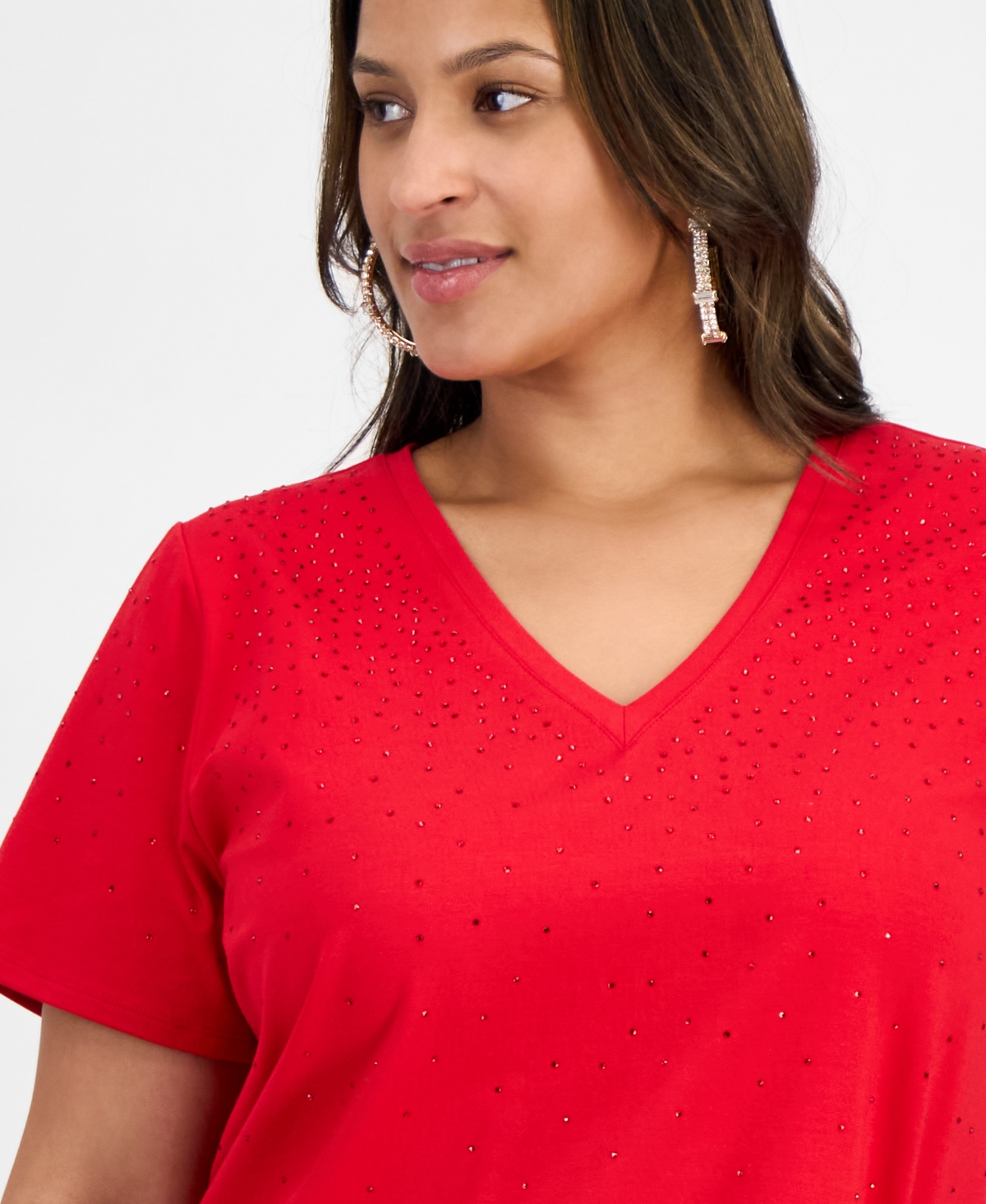 Inc International Concepts Plus Size V-neck Rhinestone-embellished Top, Macy's Exclusive In Red