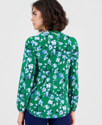 Women's Printed Split-Neck Long-Sleeve Top