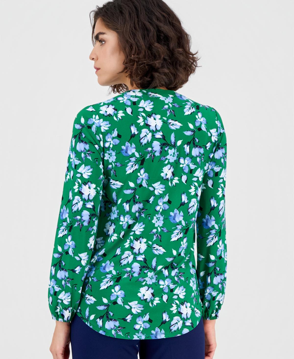 Ak Anne Klein Women's Printed Split-Neck Long-Sleeve Top