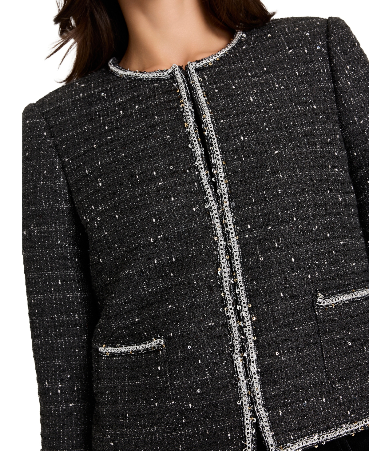 Tahari Asl Women's Long Sleeves Boucle Rhinestone Jacket