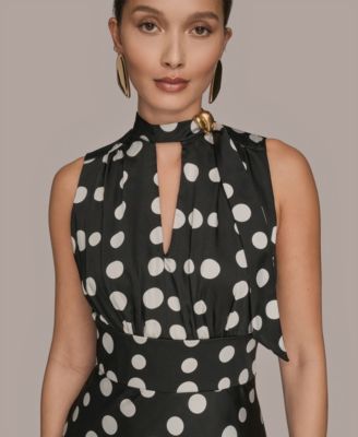Women's Dot-Print Tie-Neck A-Line Dress