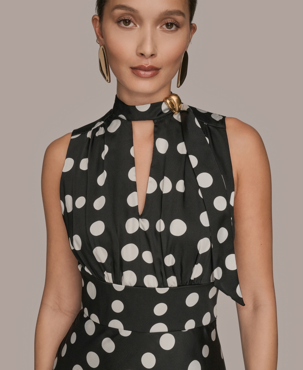 Donna Karan Women's Dot-print Tie-neck A-line Dress In Black
