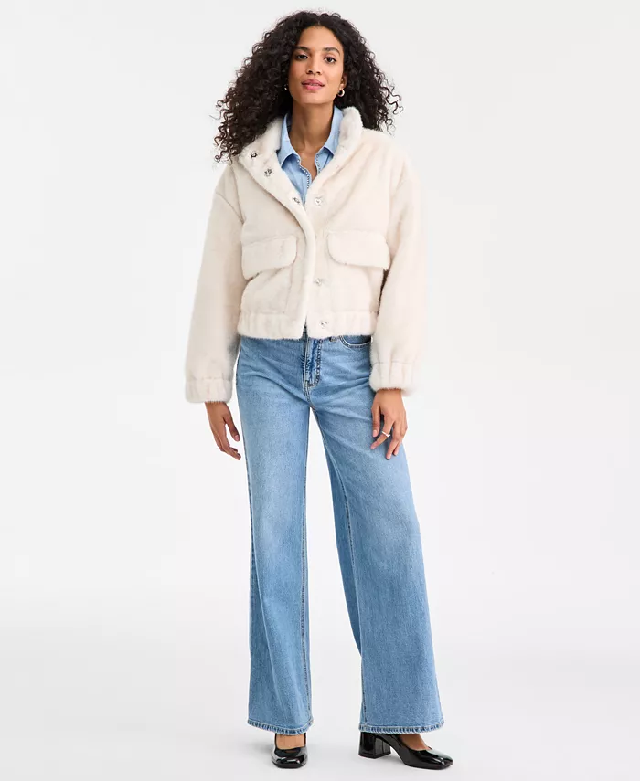 Women's Woven Solid Faux-Fur Bomber Jacket - thumbnail 9