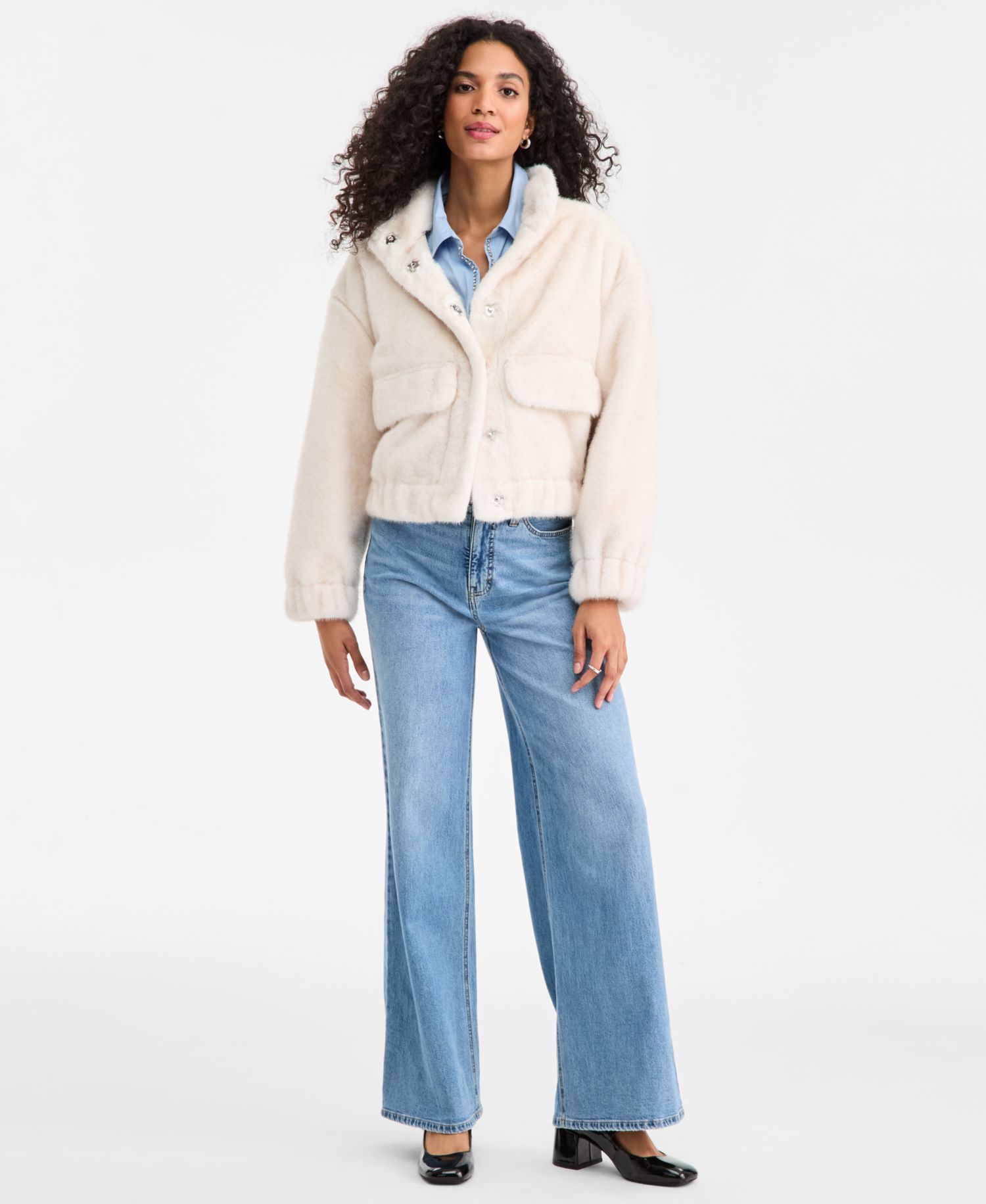 Women's Woven Solid Faux-Fur Bomber Jacket