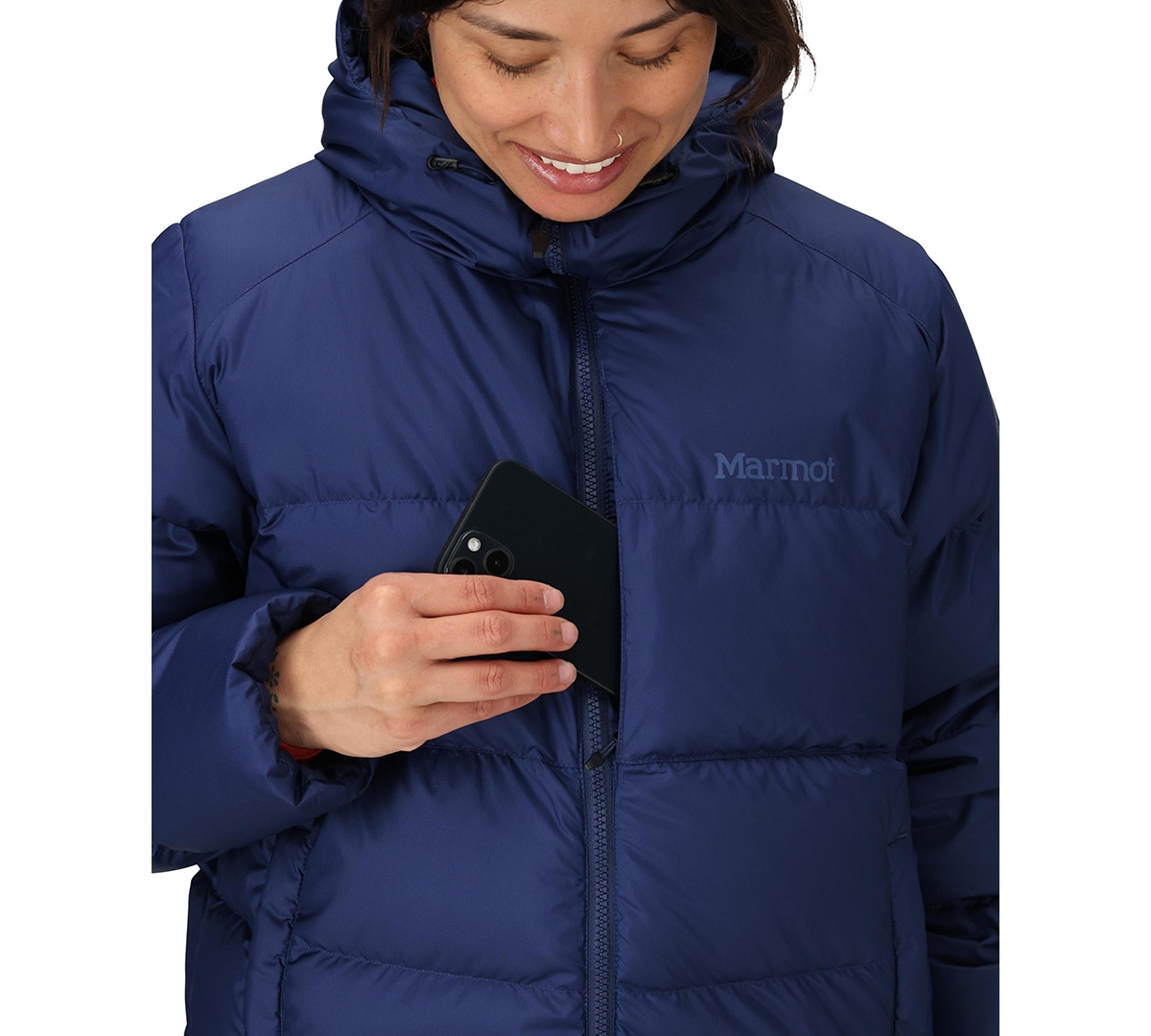 Marmot Women's Guides Big-baffled Puffer Hooded Jacket In Blue
