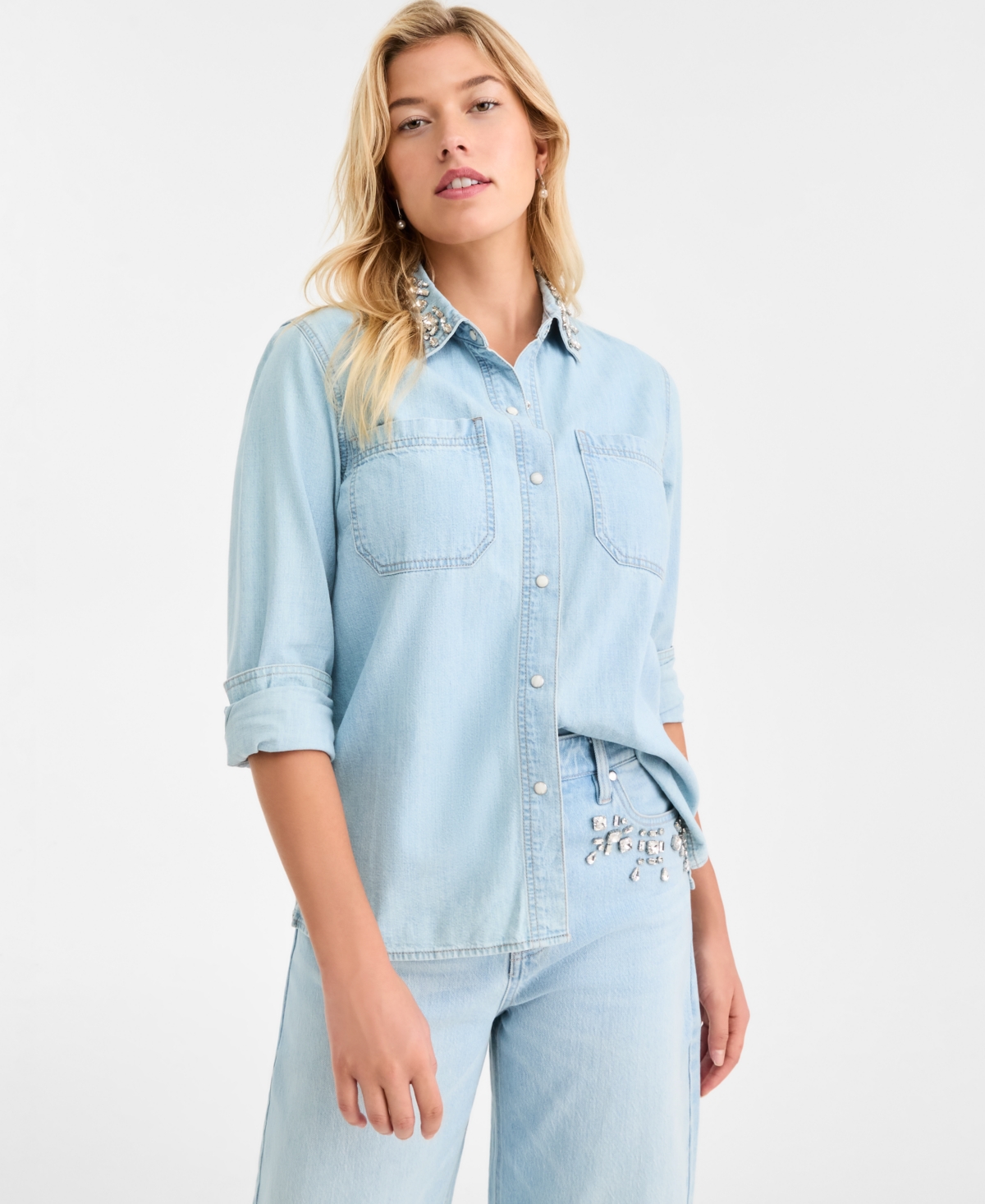 On 34th Trendy Plus Size Embellished Collar Denim Shirt Embellished Cropped Barrel Leg Jeans Macys Exclusive In Blue