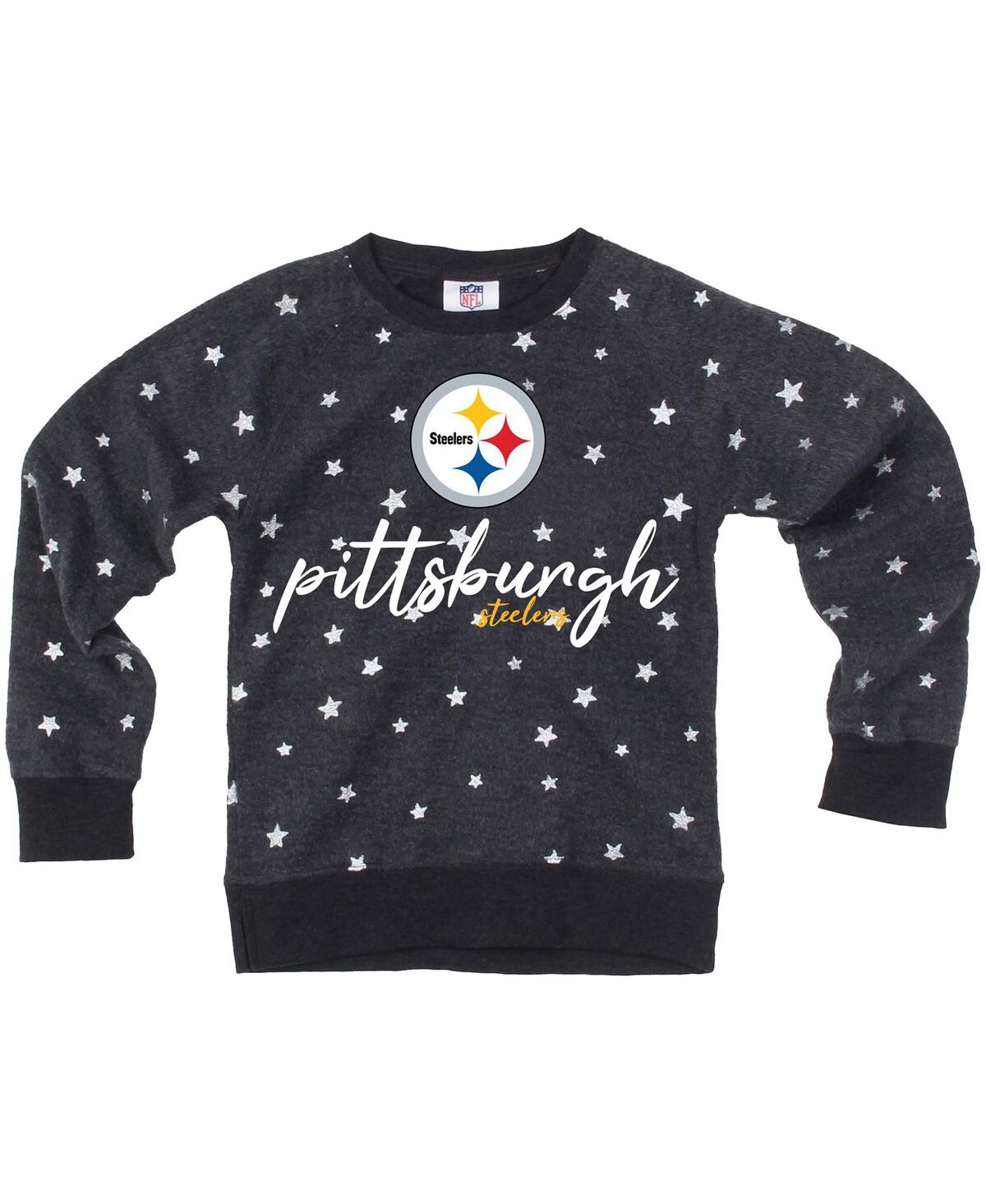 Wes & Willy Big Girls Charcoal Pittsburgh Steelers Shimmer Star Reverse Fleece Pullover Sweatshirt