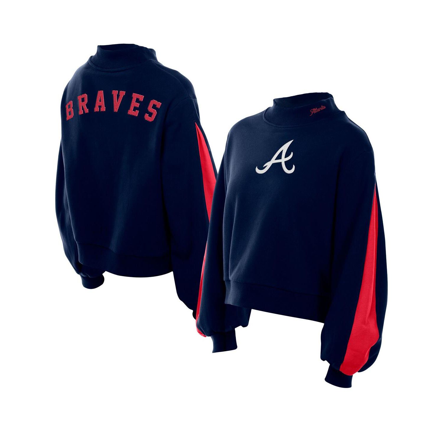 Women's Navy Atlanta Braves Mock Neck Balloon Sleeve Sweatshirt