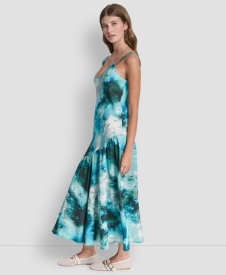 Women's Shirred Sleeveless Printed V-Neck Dress