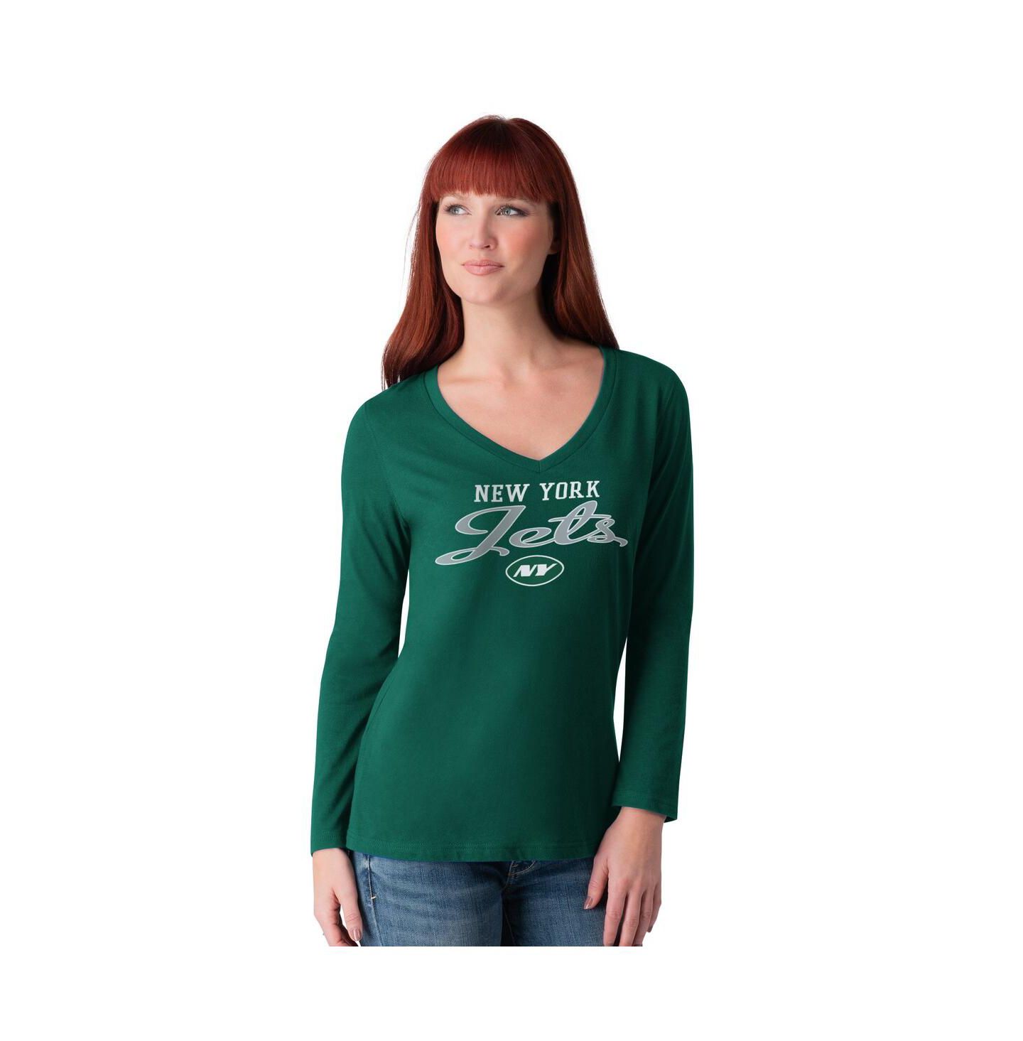 Женская футболка G-III 4Her by Carl Banks Green New York Jets Post Season Long Sleeve V-Neck — фото 1