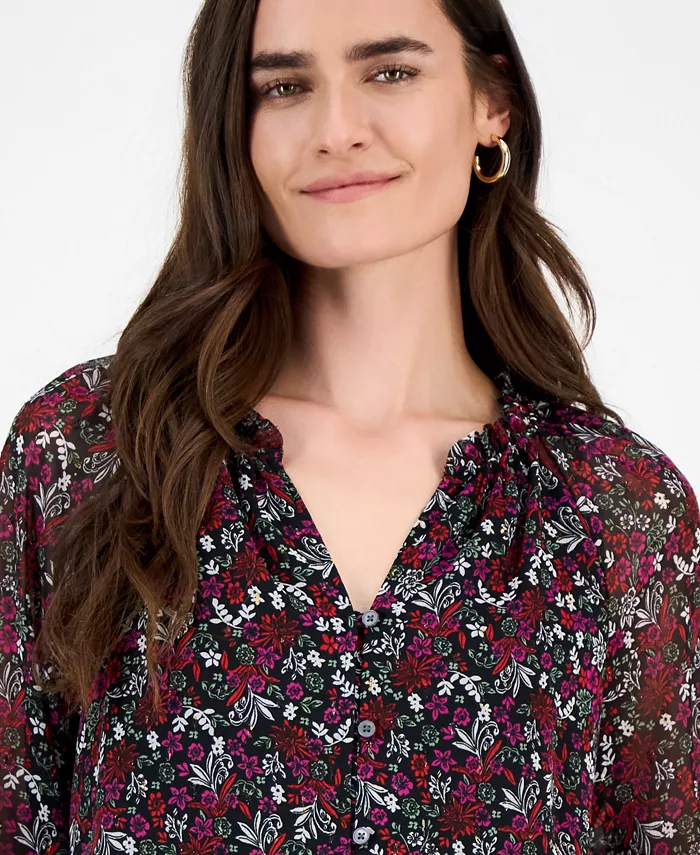 Women's Floral Ruffled Split-Neck Top - thumbnail 4