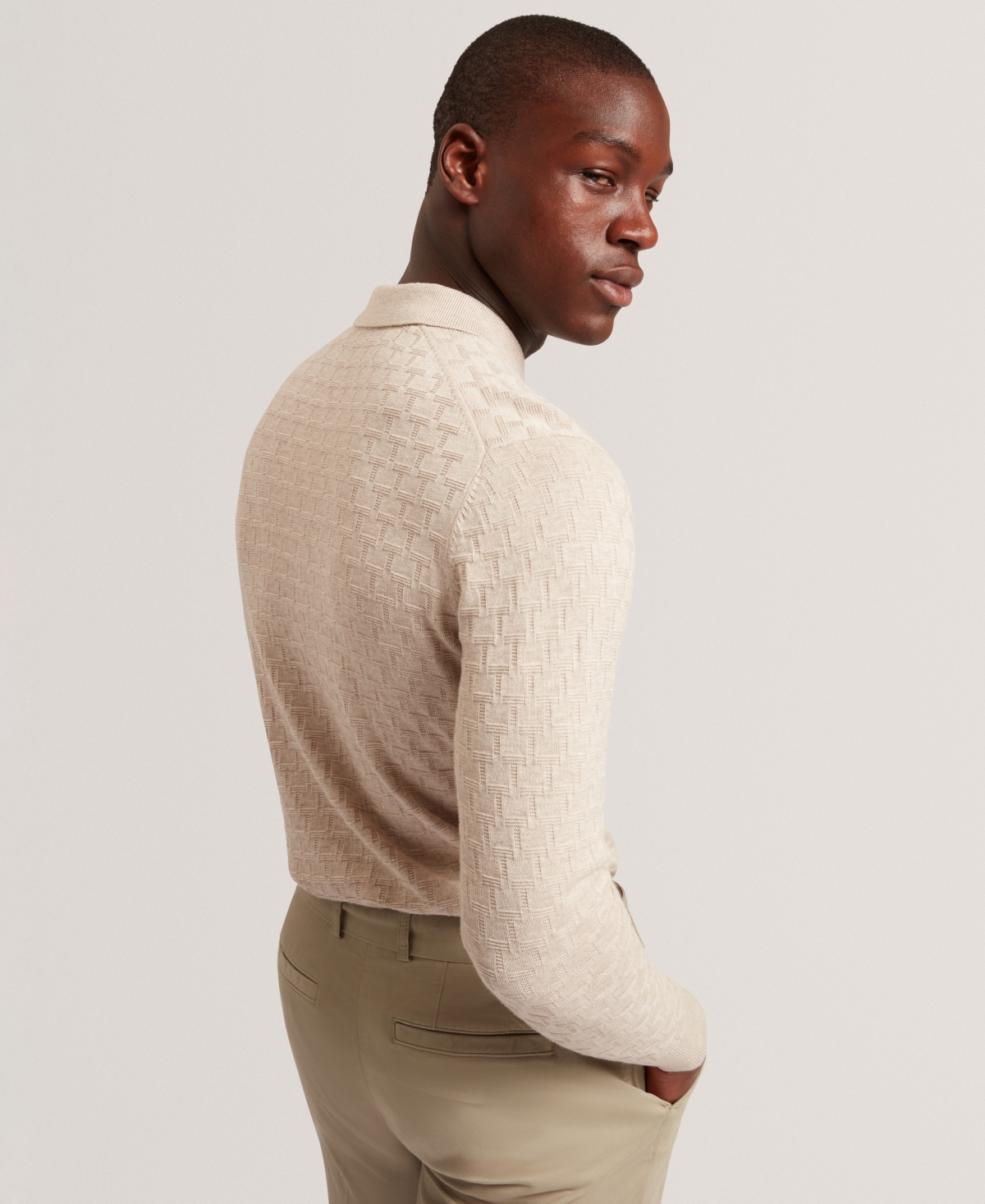 Ted Baker Gaten Long Sleeve Textured Stitch Polo In Neutral