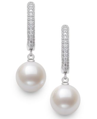 Cultured Freshwater Pearl (10-11mm) and Lab Created Sapphire Drop Earrings in Sterling Silver