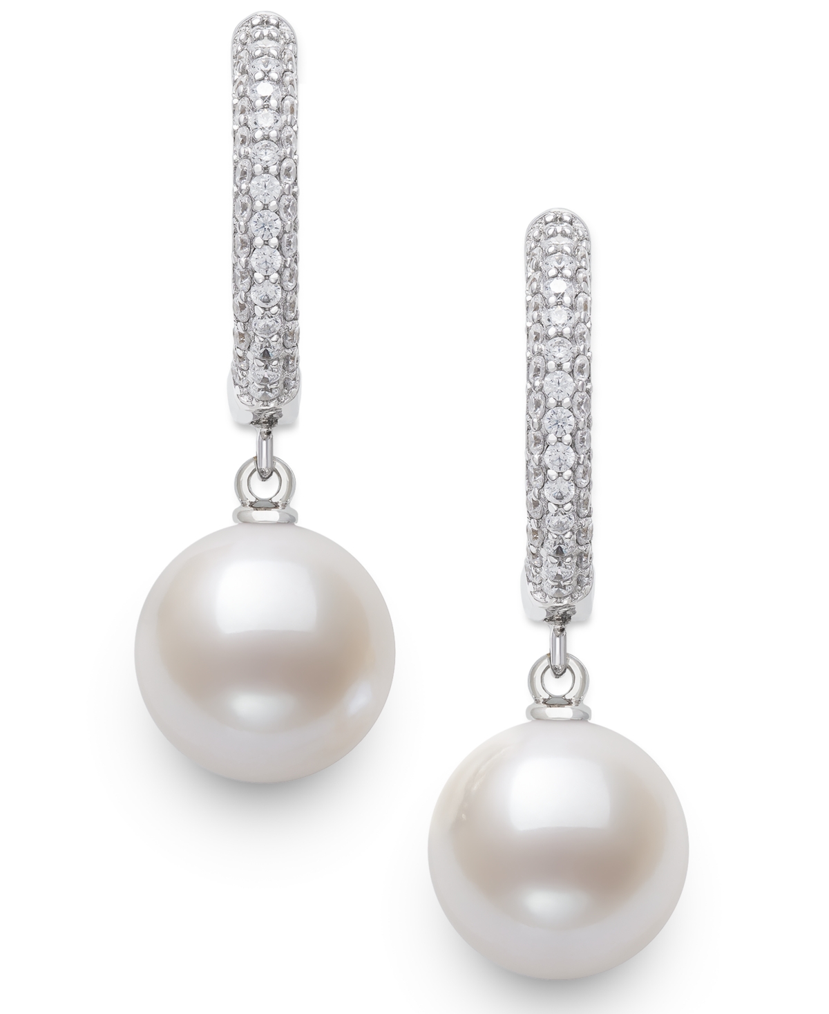 Belle De Mer Cultured Freshwater Pearl (10-11mm) And Lab Created Sapphire Drop Earrings In Sterling Silver In White