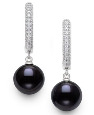 Cultured Freshwater Peacock Black Pearl (10-11mm) and Lab Created Sapphire Drop Earrings in Sterling Silver