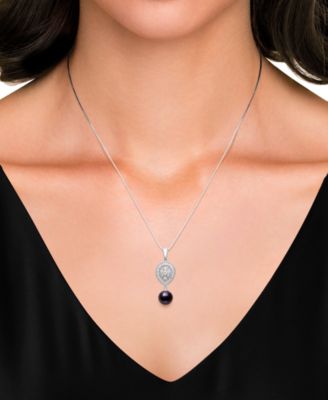 Freshwater Peacock Black Pearl (8-9mm) and Lab Created Sapphire Drop Necklace in Sterling Silver